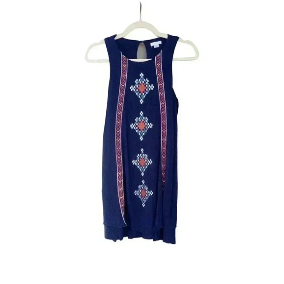 New Xhilaration Boho Blue Tribal Embroidered Sleeveless Shift Mini Dress Sz S - Picture 1 of 9